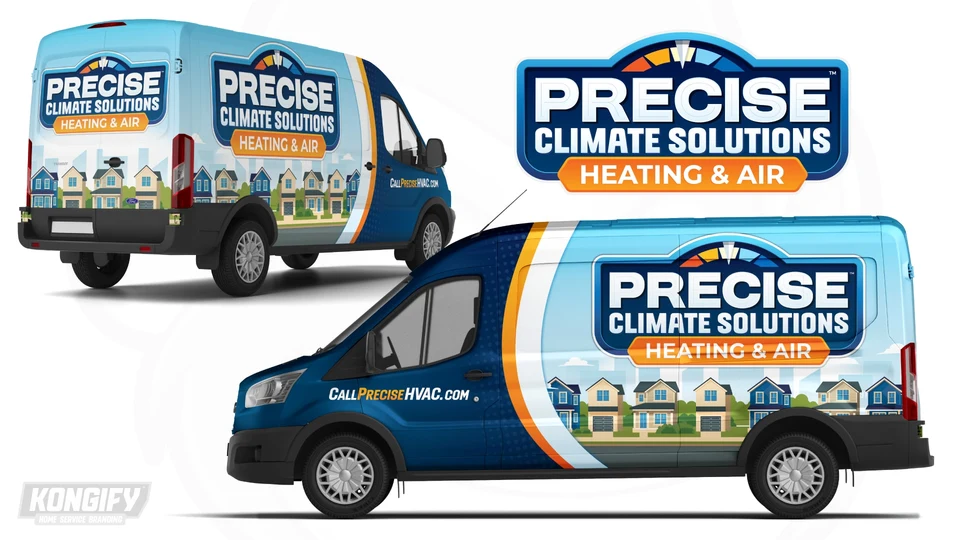 Precise Climate Solutions van-wrap design with a large gauge badge above a row of homes.