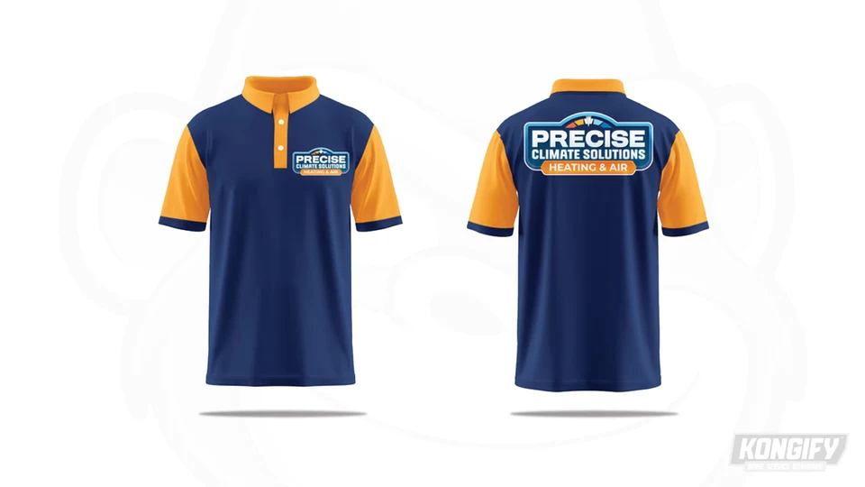 Front and back of the Precise Climate Solutions polo design in navy with orange sleeves.