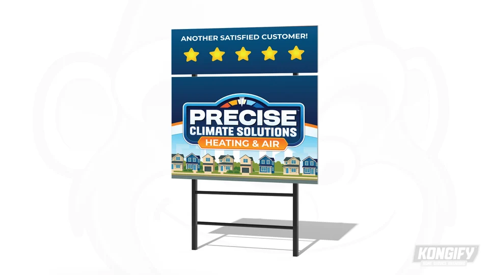Precise Climate Solutions yard-sign design mockup with its gauge badge above a neighborhood illustration.