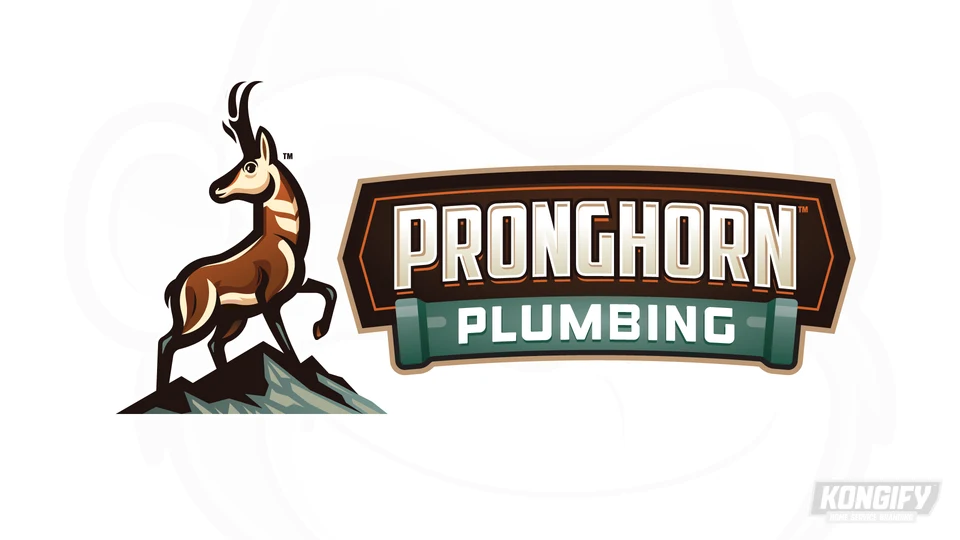 Pronghorn Plumbing logo with a brown-and-cream pronghorn on jagged rocks, tall horns, cream name lettering on a dark brown badge, and a muted teal pipe-shaped Plumbing panel.