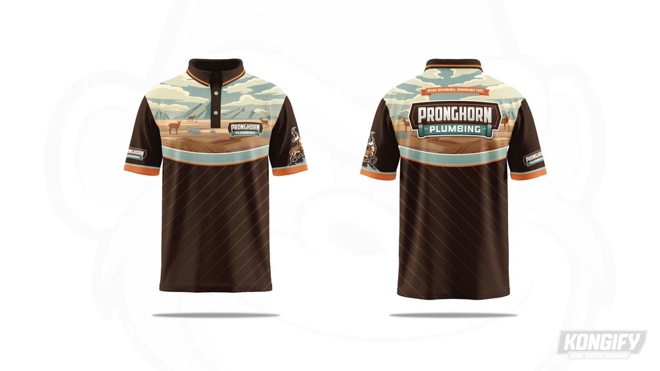 Pronghorn Plumbing polo with clouds, mountains and pronghorns across the shoulders, brown striped lower panels, teal and orange trim, and chest, back and sleeve marks.