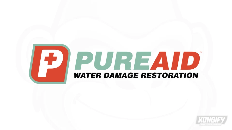 Pure Aid Water Damage Restoration logo with a white P and red-orange cross inside a bordered tile, sage and red-orange name, and black service line.