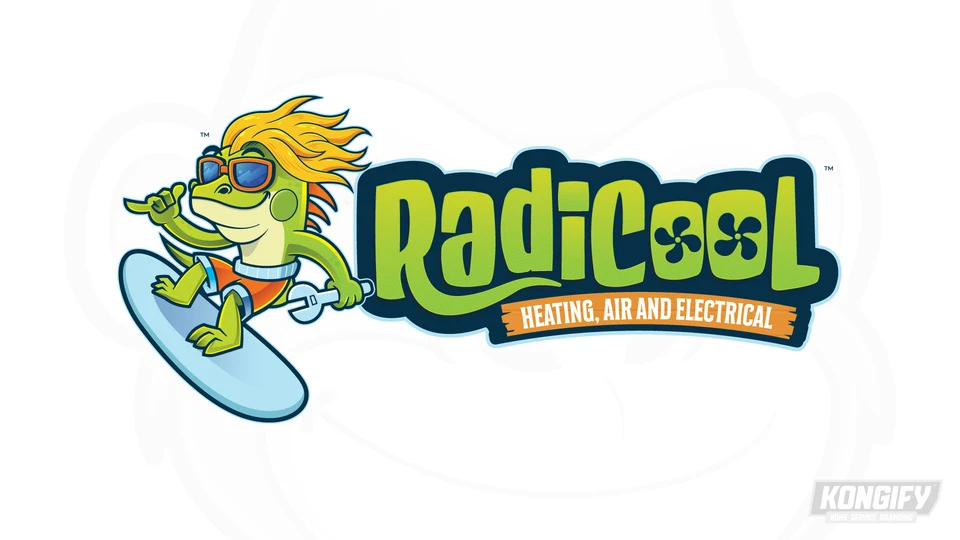 RadiCool logo with a green surfing iguana, sunglasses, flowing gold hair, wrench, fan-shaped letter details, and Heating, Air and Electrical service panel.
