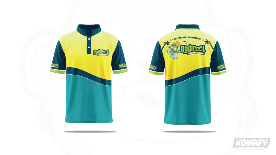 RadiCool Heating and Air Conditioning polo design with a yellow upper section, teal lower section, navy sleeves, and surfing iguana beside the back logo.