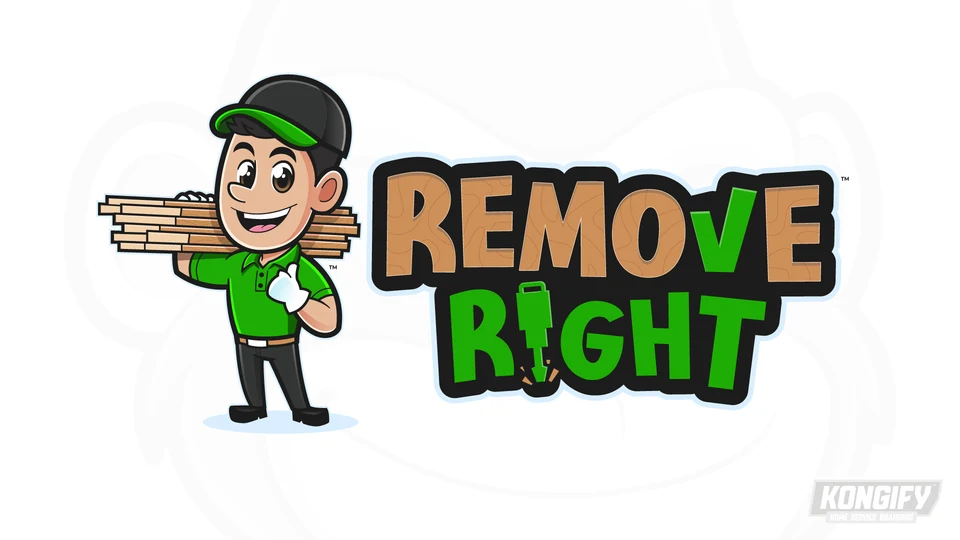 Remove Right logo with a worker in a green polo carrying boards beside wood-grain Remove lettering and green Right lettering with a jackhammer-shaped i.