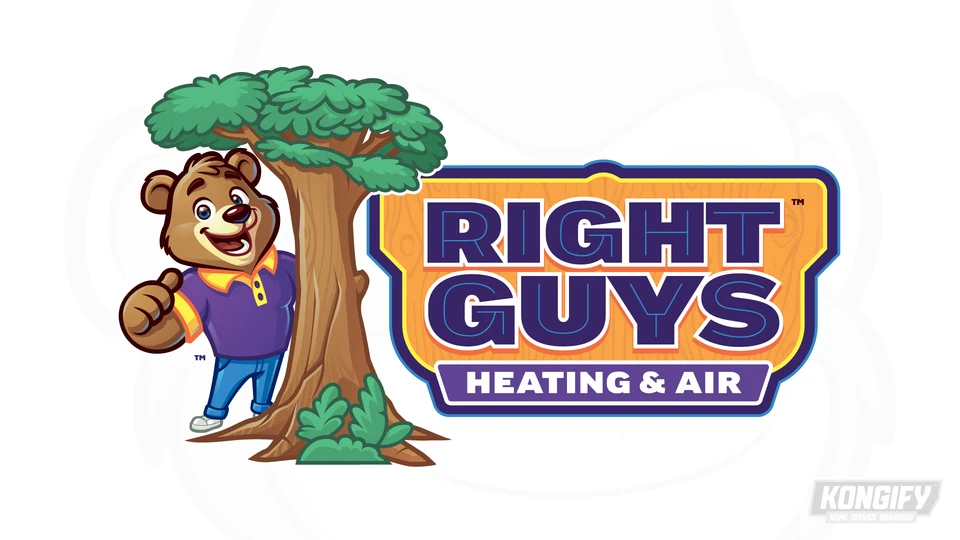 Right Guys Heating & Air logo with a smiling bear beside a tree and orange wood-grain badge.