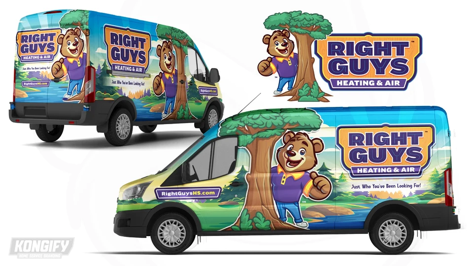 Right Guys Heating & Air van-wrap design with a bear, tree, river, and bright mountain landscape.