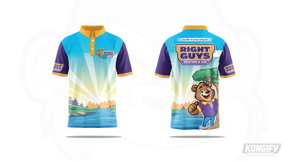 Front and back of the Right Guys polo design with a woodland river scene, purple sleeves, and gold trim.