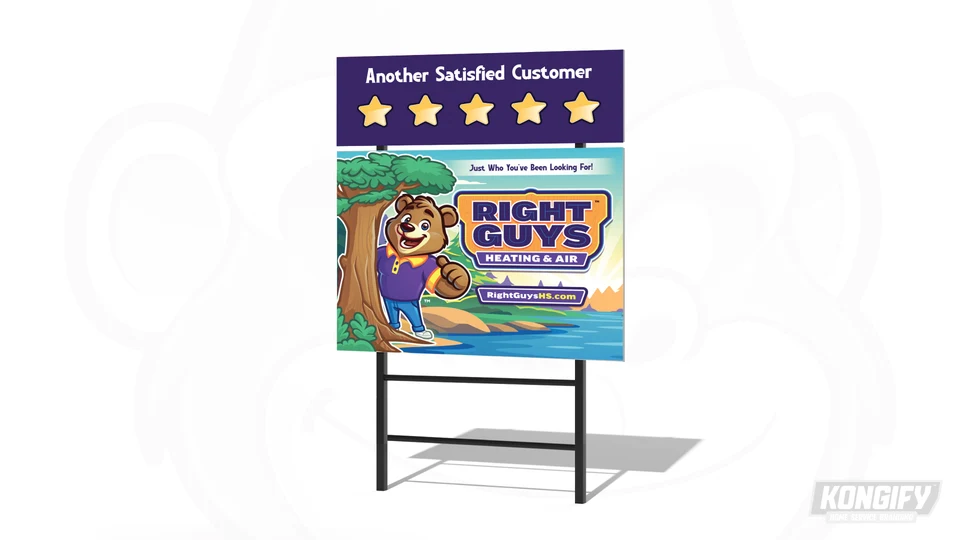 Right Guys Heating & Air yard-sign design mockup with its bear mascot, tree, and river scene.