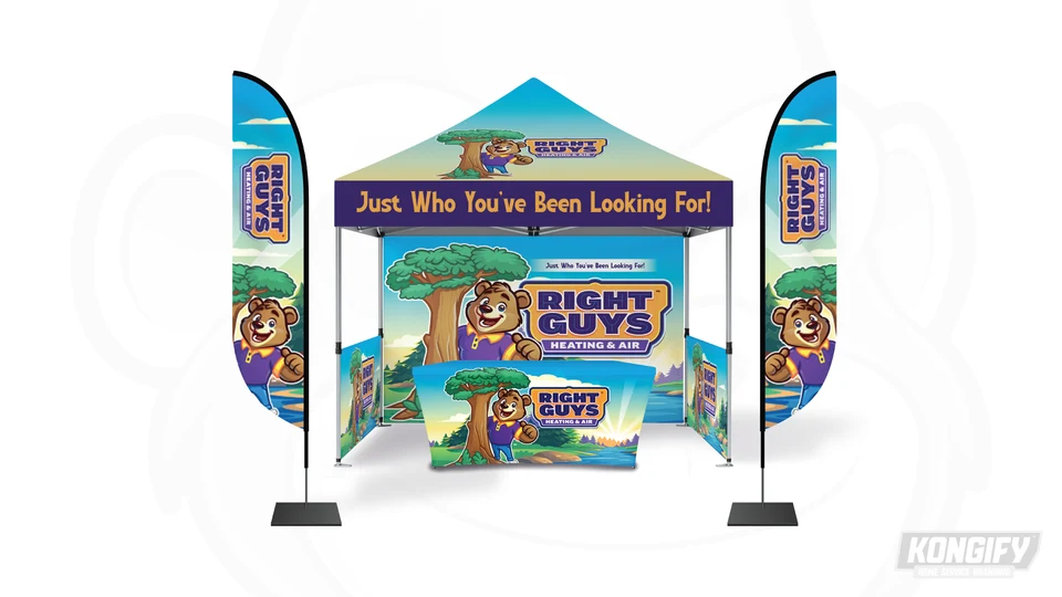 Right Guys canopy, flags, backdrop, and table-cover design with its bear and woodland scene.
