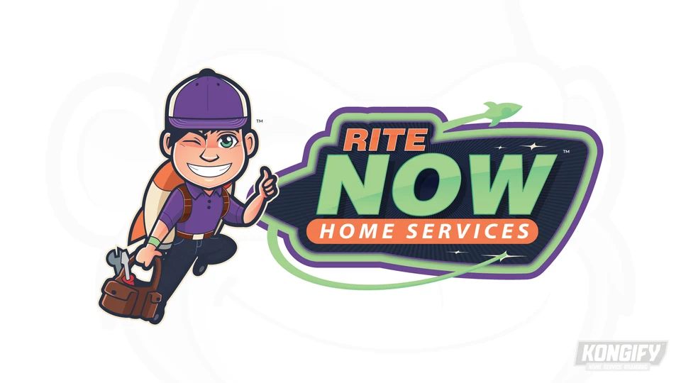 Rite Now Home Services logo with a winking character in a purple cap and shirt, rocket pack, tool bag, and green-and-purple badge.