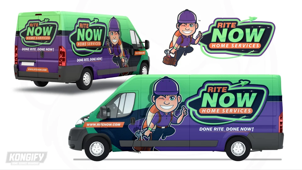 Rite Now Home Services van wrap design with a green upper section, purple side panel, large rocket-pack character, and bold name badge.