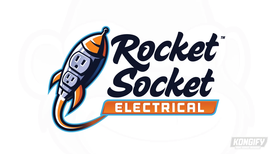 Rocket Socket Electrical logo with two outlet faces in a retro rocket and an orange service band.