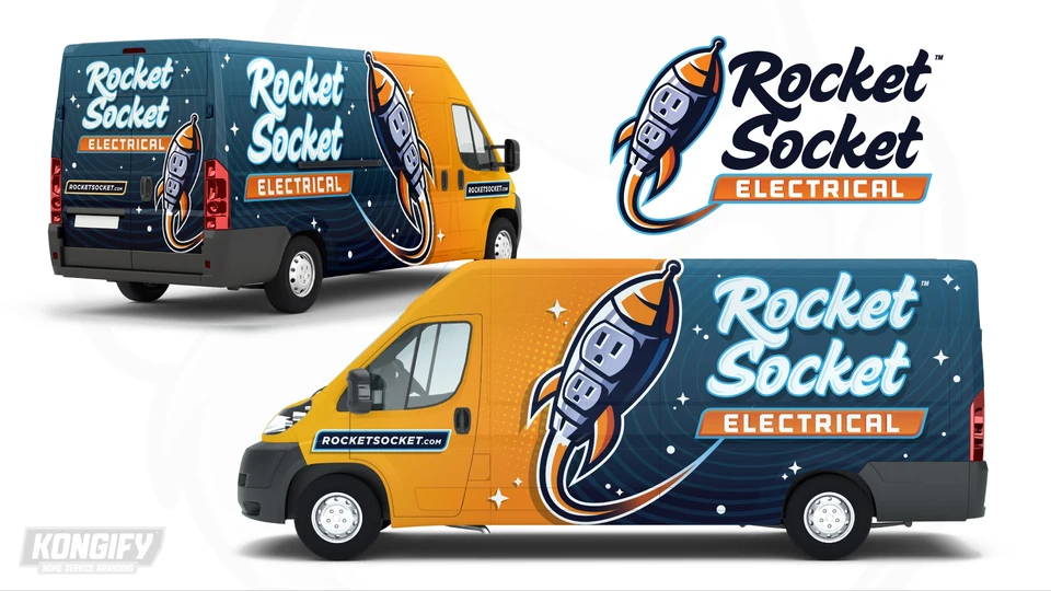 Rocket Socket Electrical van-wrap design with an orange front, dark blue star field, and large rocket icon.