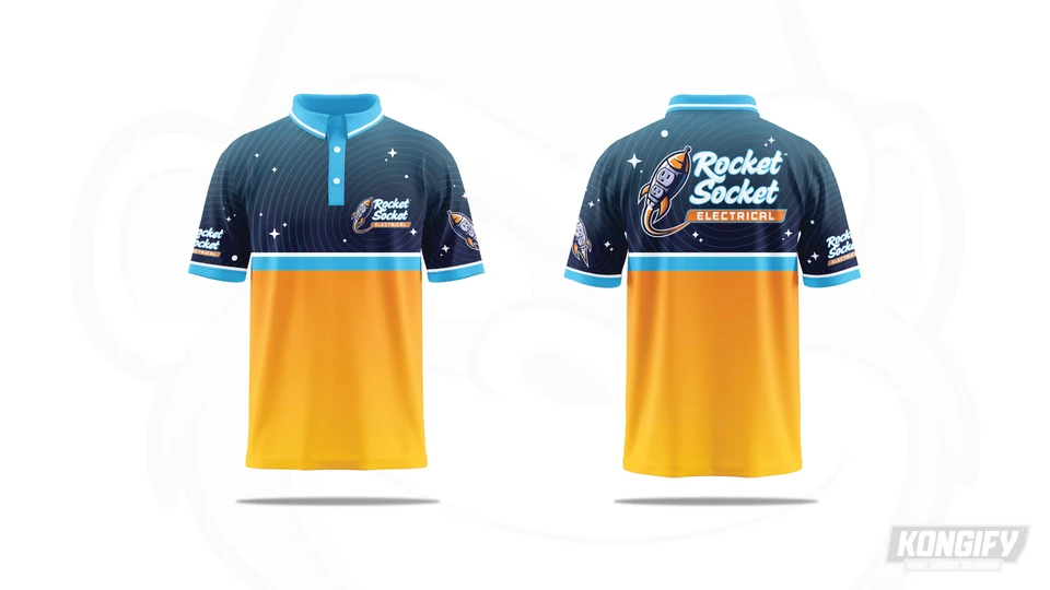 Front and back of the Rocket Socket Electrical polo design with stars, curved lines, and an orange lower panel.