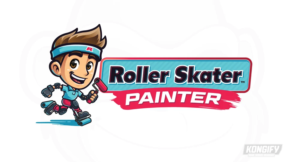 Roller Skater Painter logo with a teal-clad skater holding a pink paint roller beside a cyan badge and pink brushstroke.