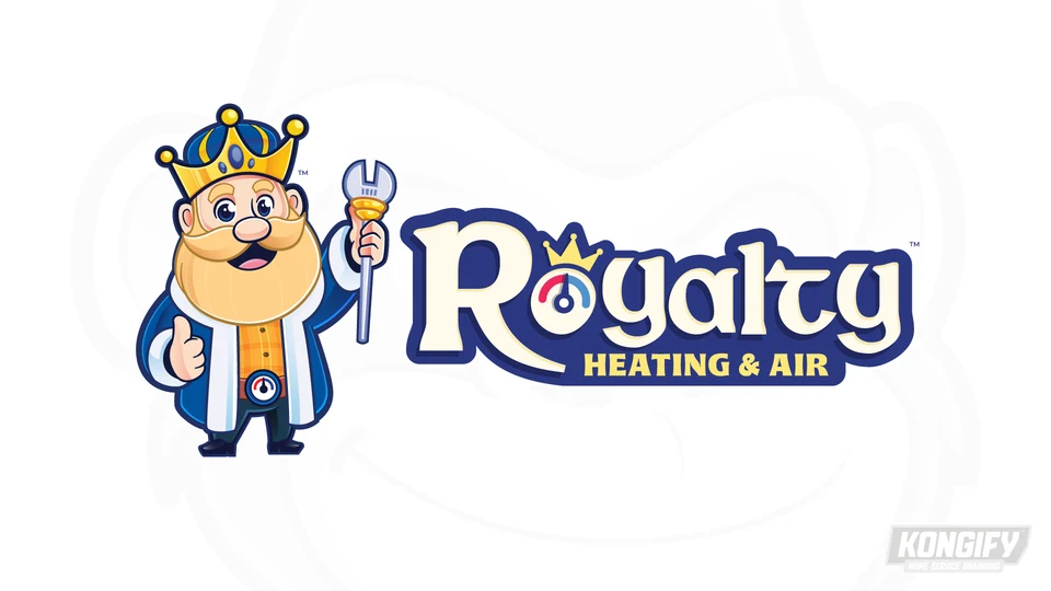 Royalty Heating & Air logo with a smiling king, crown, wrench-topped staff, and a temperature dial inside the O.