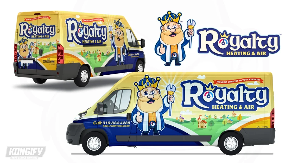 Royalty Heating & Air van wrap design with a king mascot, yellow sky, small castle-like homes, green fields, and blue lower panels.