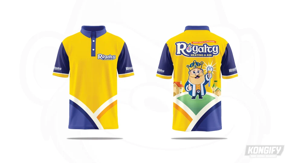 Royalty Heating & Air polo design with a yellow body, blue sleeves, small chest name, and king-and-home scene on the back.