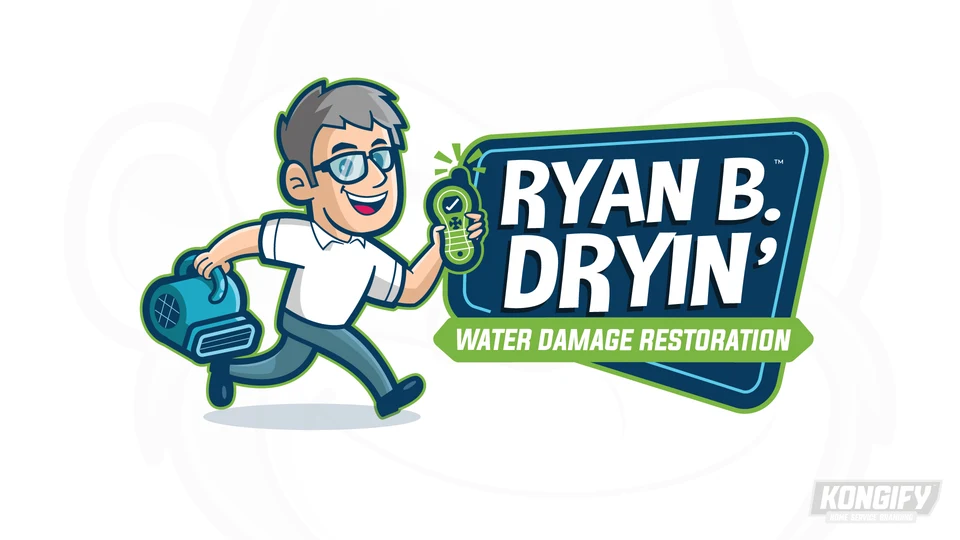 Ryan B. Dryin’ Water Damage Restoration logo with a smiling technician carrying a drying fan and a handheld device.