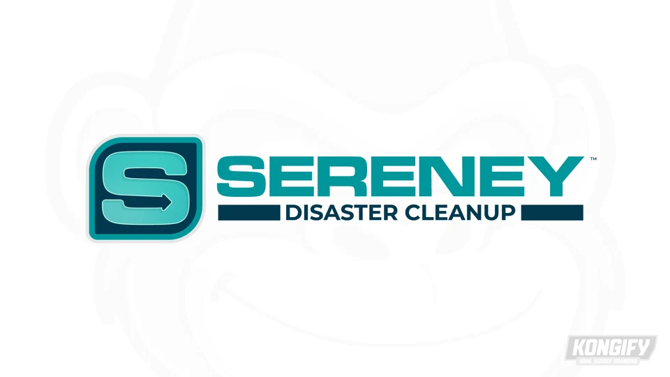 Sereney Disaster Cleanup logo with a teal S and right-pointing arrow inside a dark rounded tile, teal name, and dark blue service line.