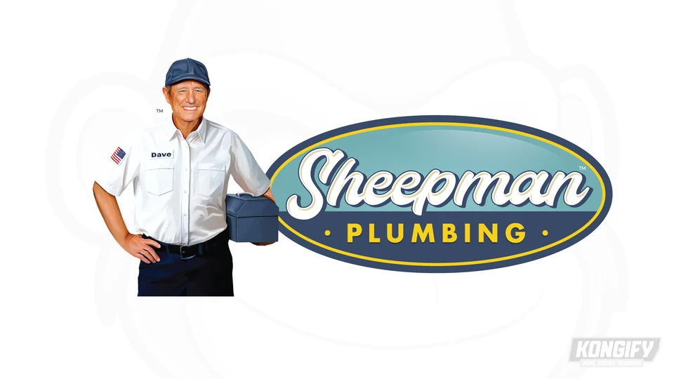 Sheepman Plumbing logo with a client-supplied painted portrait in a white work shirt and navy cap beside a blue-green oval badge.