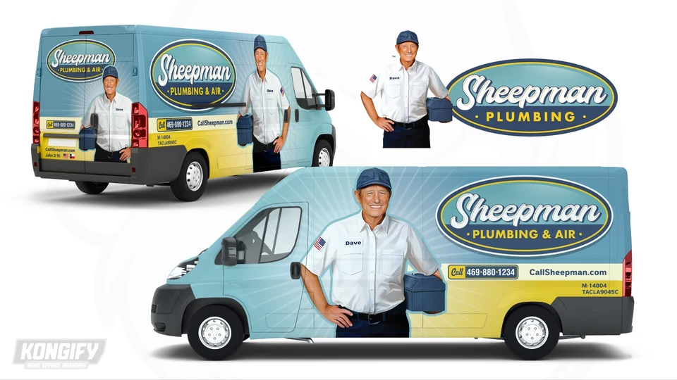 Sheepman Plumbing & Air van design with a client-supplied portrait, blue-green upper field, yellow lower band, and oval name badge.