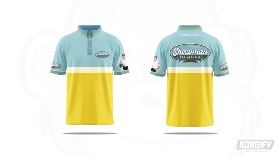 Sheepman Plumbing polo design with a blue-green top, yellow lower section, light dividing band, oval logos, and client-supplied portrait on a sleeve.