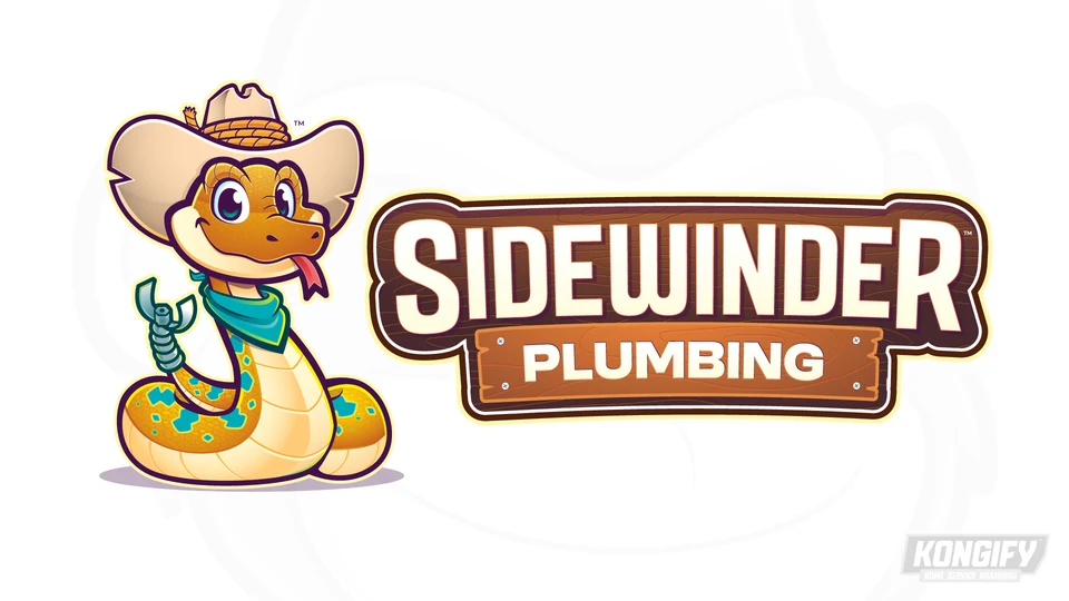Sidewinder Plumbing logo with a smiling yellow snake, cowboy hat, teal bandana, drain-cleaning tool, and wooden name signs.