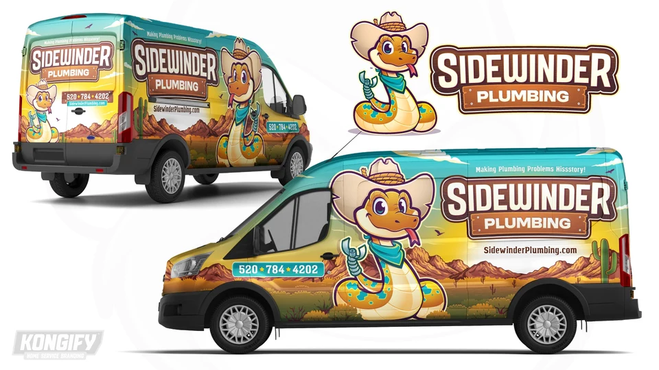 Sidewinder Plumbing van wrap with a large snake mascot, teal sky, golden light, mountains, cacti, and wooden nameplate.