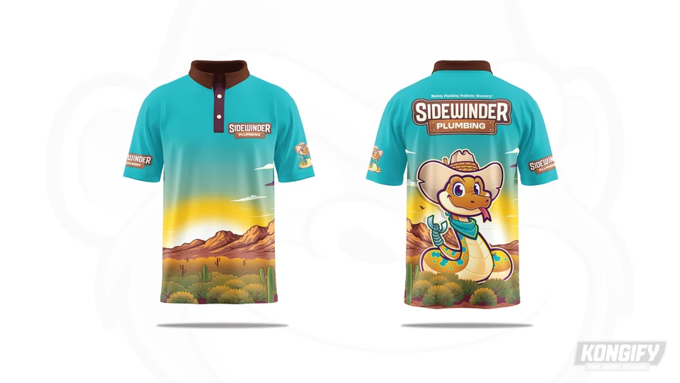 Sidewinder Plumbing polo with a teal upper half, brown collar, desert landscape, chest logo, and large snake on the back.