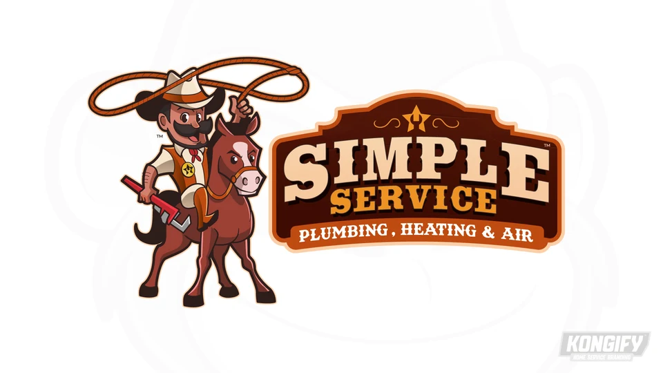 Simple Service Plumbing, Heating & Air logo with a cowboy on horseback, a looping rope, a pipe wrench, and Western-style lettering.