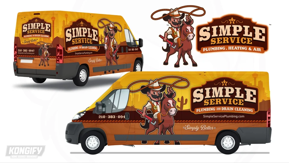Simple Service Plumbing and Drain Cleaning van design with a cowboy, horse, amber skyline, cactus shapes, and rope border.