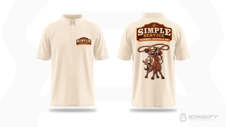 Simple Service cream polo design with a small chest badge and a larger Plumbing, Heating & Air logo and cowboy graphic on the back.
