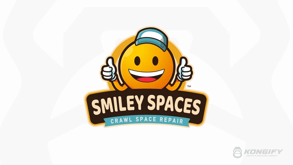 Smiley Spaces Crawl Space Repair logo with an orange smiling character in a teal cap, two gloved thumbs-up, and a dark rounded badge.