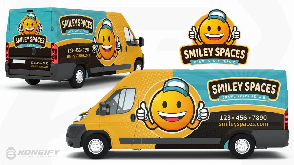 Smiley Spaces Crawl Space Repair vehicle wrap artwork.