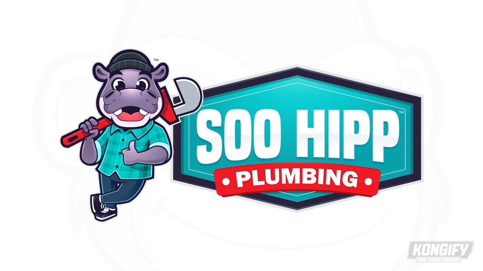 Soo Hipp Plumbing logo with a purple hippo in a teal plaid shirt and knit cap holding a red pipe wrench beside a teal name badge.
