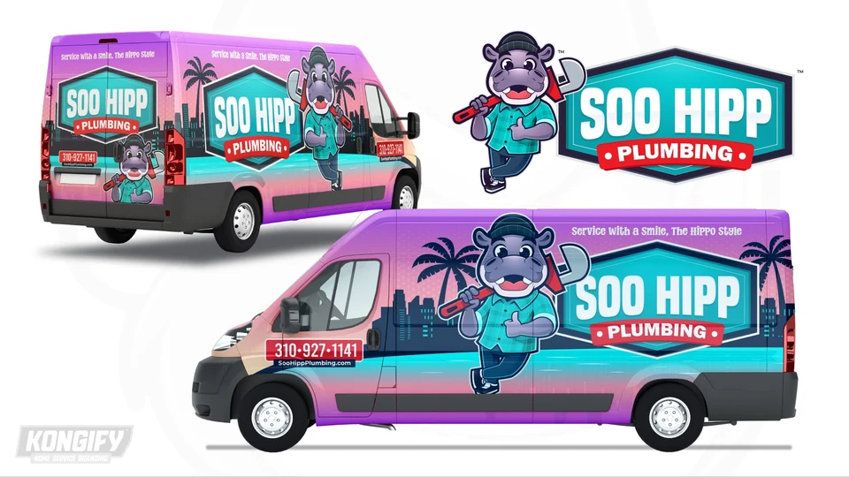 Soo Hipp Plumbing van wrap with a large hippo, teal name badge, pink and purple sky, palm trees, and a dark city skyline.