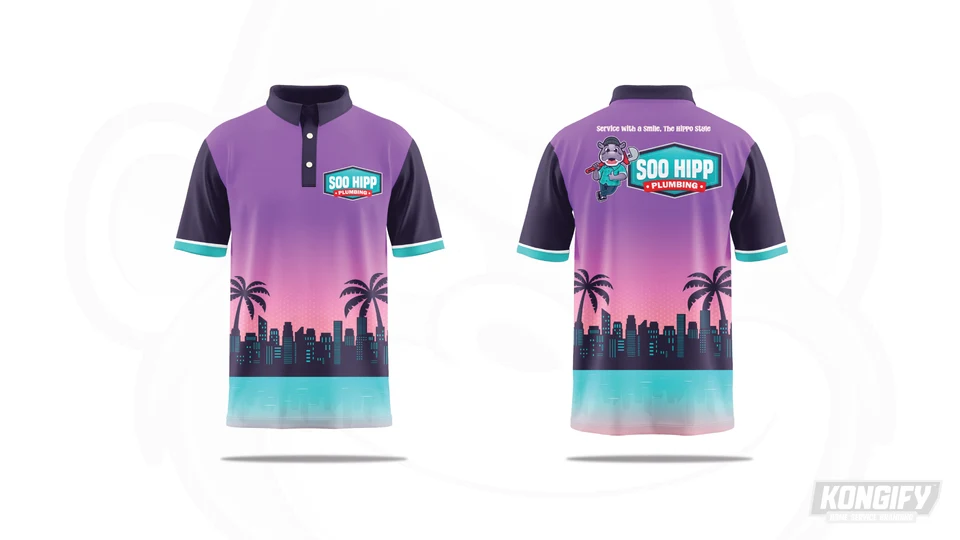 Soo Hipp Plumbing polo design with purple and pink body, dark sleeves, teal trim, and palm trees and city buildings along the hem.
