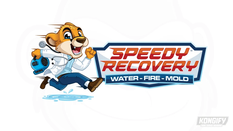 Speedy Recovery logo with a smiling spotted cat in a white coat, carrying a blue drying fan and leaping over water beside the name.