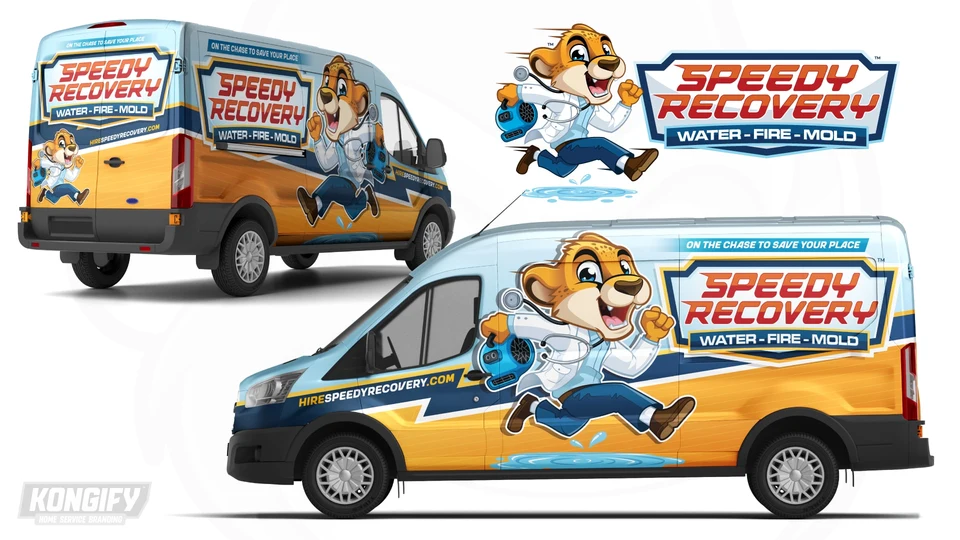Speedy Recovery van wrap with a large running mascot, pale blue upper panels, gold lower panels, and a dark zigzag band.