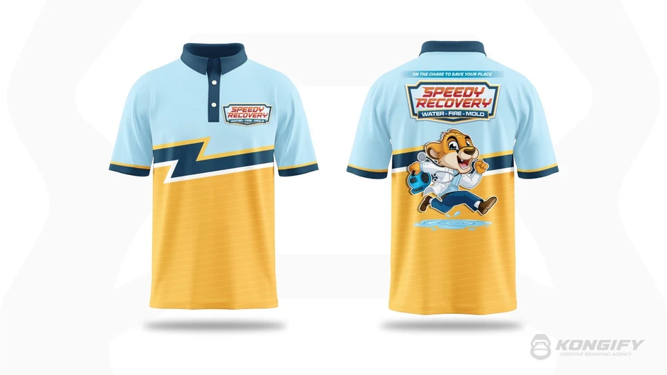 Speedy Recovery polo with pale blue shoulders, gold lower panels, dark blue trim, a chest badge, and running mascot on the back.