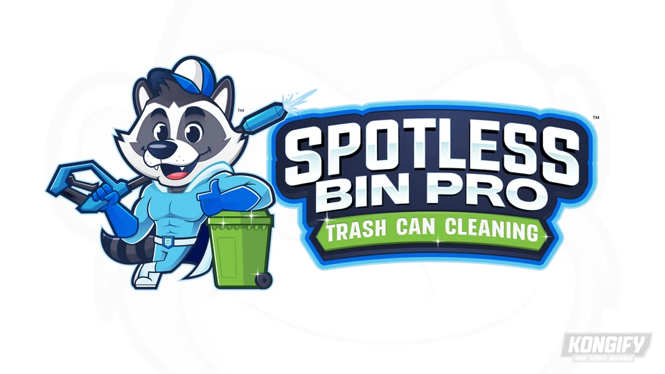 Spotless Bin Pro Trash Can Cleaning logo with a raccoon superhero holding a pressure-washing wand beside a green bin and blue name badge.