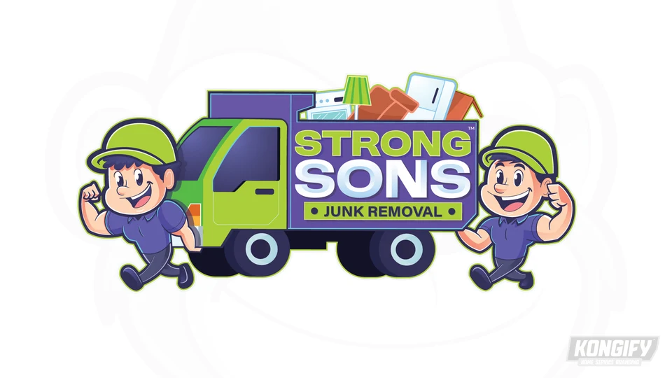 Strong Sons Junk Removal logo with two flexing characters beside a lime and purple truck loaded with furniture and appliances.
