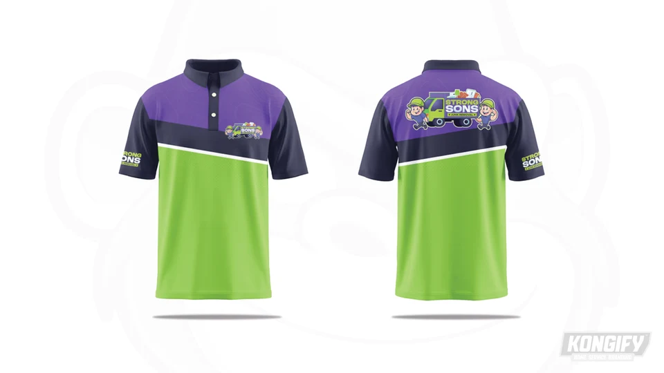 Strong Sons polo design with purple shoulders, dark sleeves, a lime lower panel, and the truck-and-character logo on the chest and back.