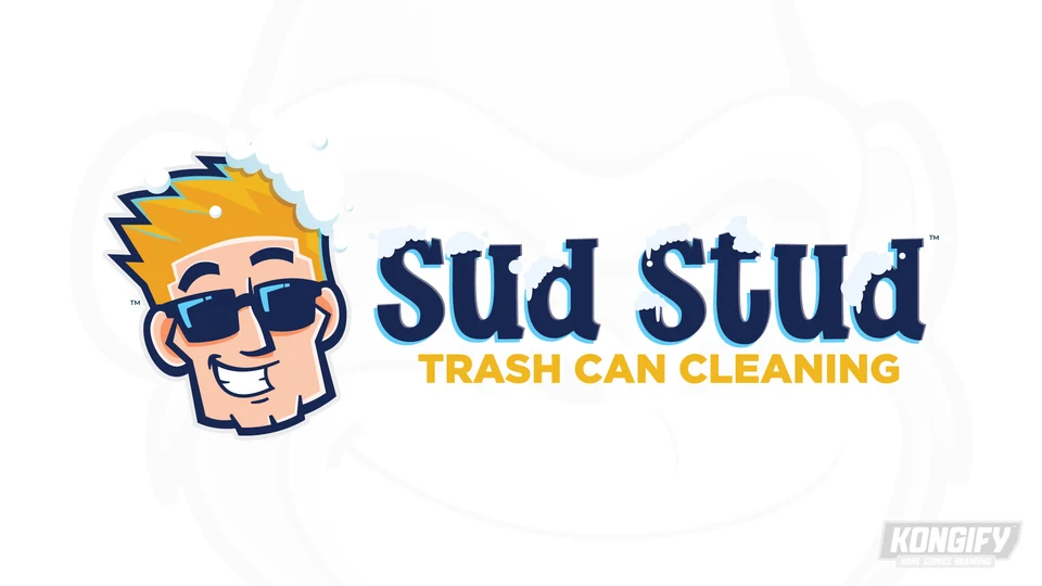Sud Stud Trash Can Cleaning logo with a smiling blond character in sunglasses, bubbles in the hair, and navy letters topped with foam.