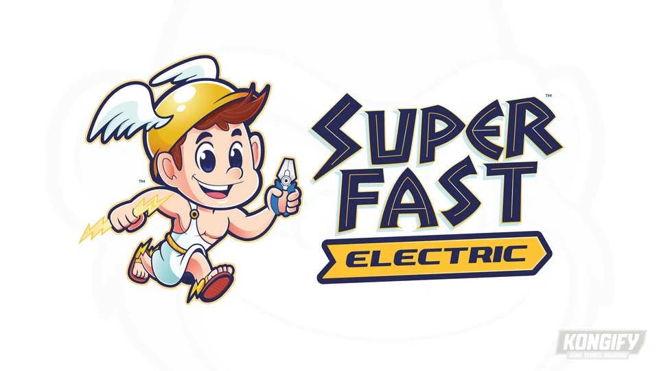 Super Fast Electric logo with a running character in a winged gold helmet holding a lightning bolt and lineman’s pliers.