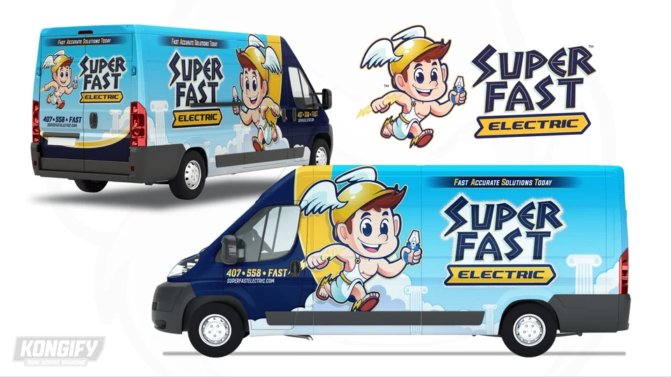 Super Fast Electric van wrap design with a running mascot, cyan sky, white clouds and columns, navy panels, and gold accents.