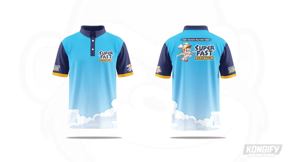 Super Fast Electric polo design with a bright blue body, navy sleeves, gold trim, and white clouds and columns near the hem.