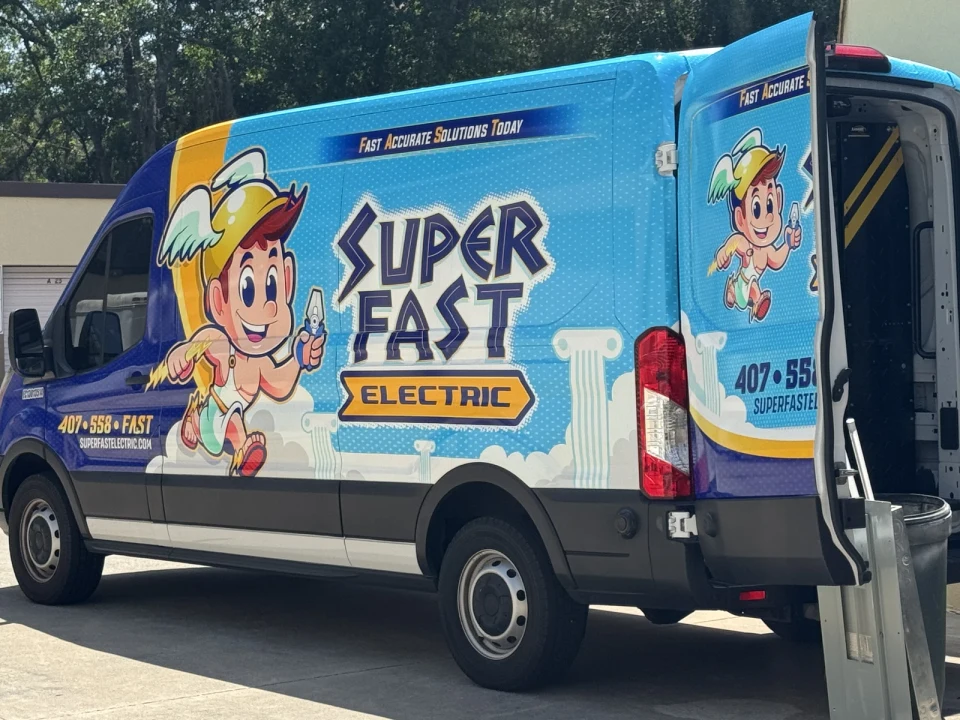 New Super Fast Electric blue-and-gold service van